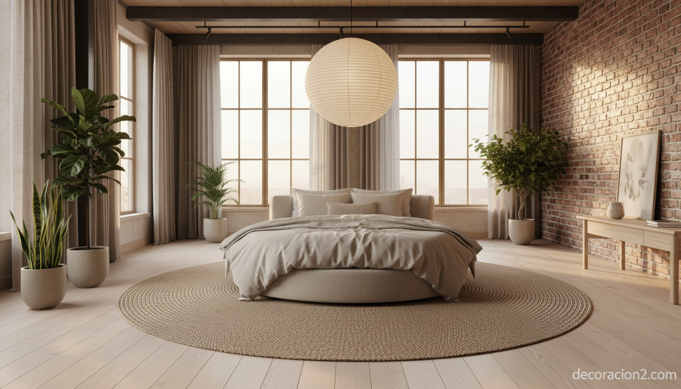 Cama redonda en loft con decoración japandi y alfombra circular