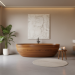 Luxurious modern bathroom featuring a freestanding wooden bathtub made of rich teak wood, standing o