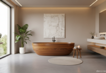 Bañera de madera: guía completa, ventajas, tipos y cómo elegir la tuya Bañera de madera de teca en un baño moderno con estilo spa