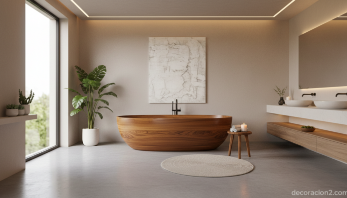 Bañera de madera de teca en un baño moderno con estilo spa