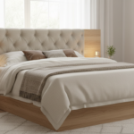 Luxurious tufted upholstered headboard in a modern bedroom, light oak wood frame with soft beige lin