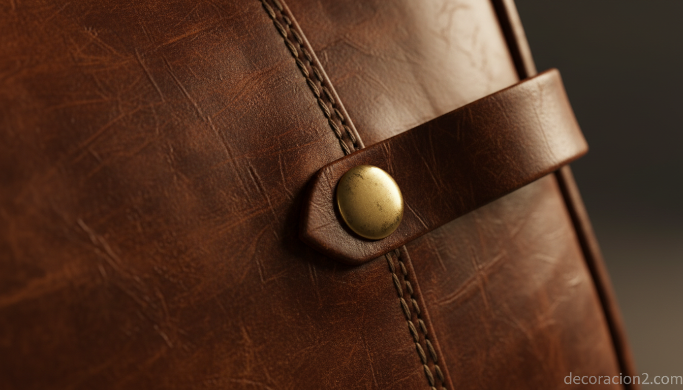 Detalle de textura de piel coste con costura y remáche de latón