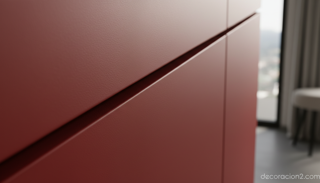 Detalle de corte oblicuo en acabado soft touch rojo de armario Flora