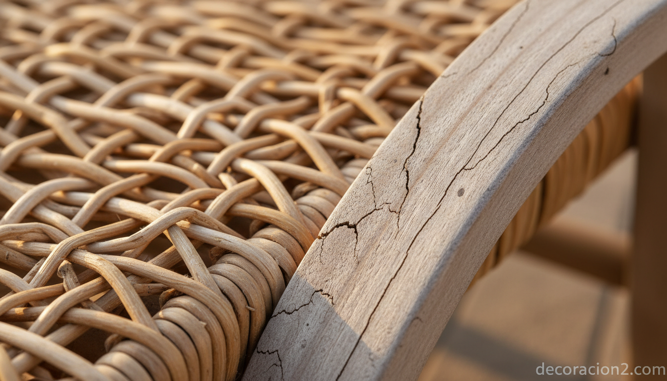 Detalle de mimbre tejido a mano y madera de teca de tumbona Bali