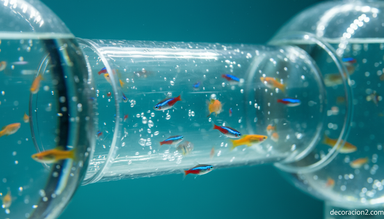 Detalle de peces nadando por tubos transparentes en pecera modular