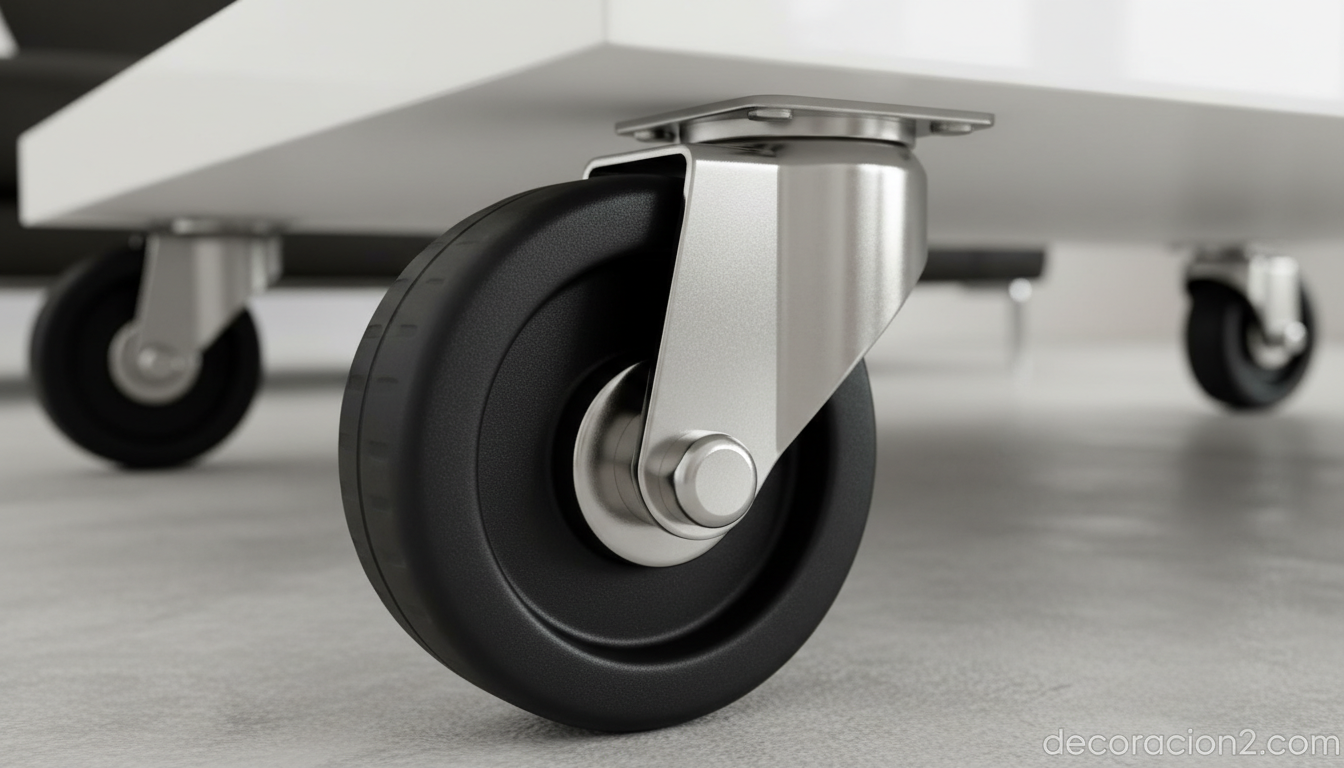 Detalle de la rueda lateral de una mesa con ruedas tipo carretilla