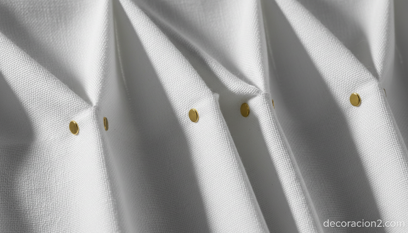 Detalle macro de imanes dorados en cortina magnética de lino