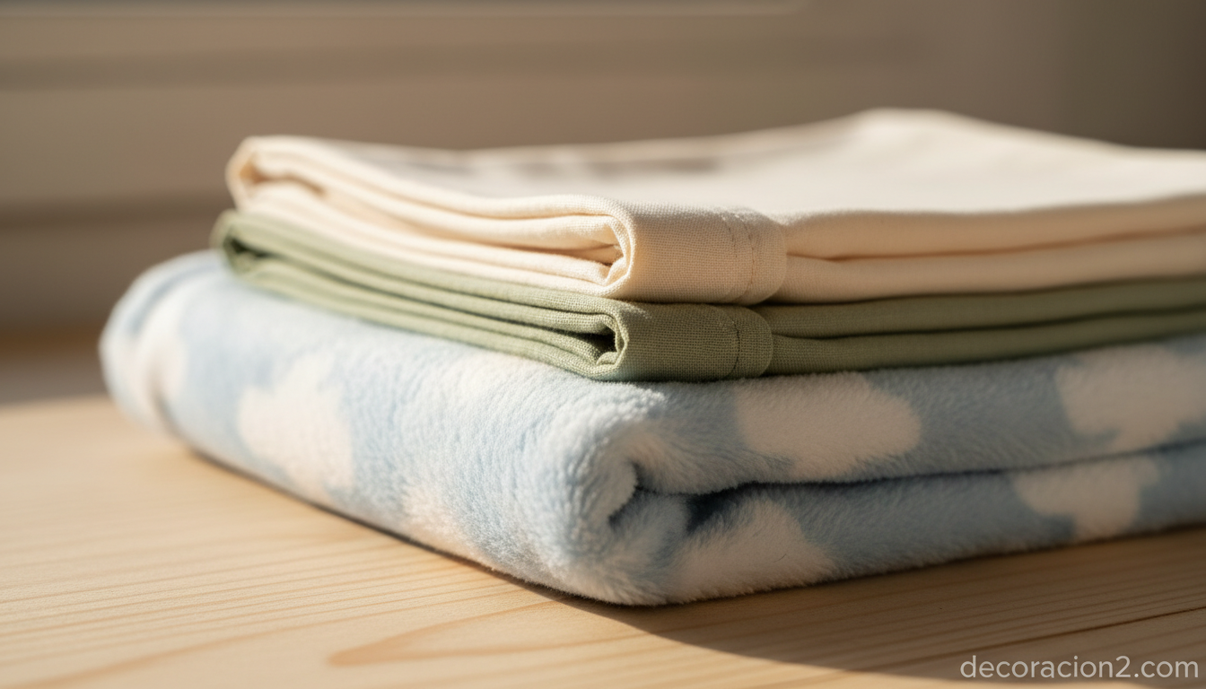 Detalle de tejidos textiles infantiles de algodón y manta polar plegados