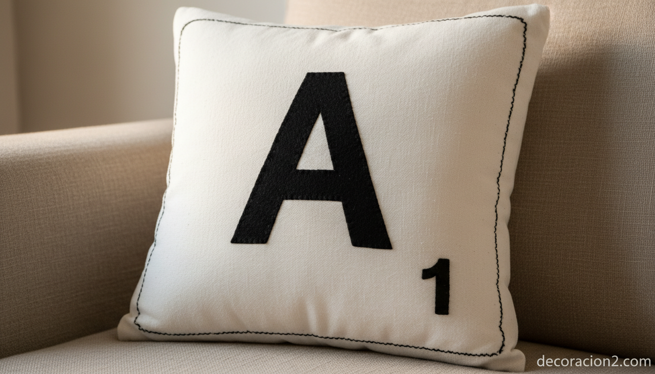 Detalle macro de un cojín tipo Scrabble con la letra A bordada en fieltro