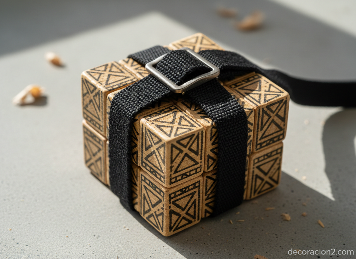 Detalle de las cintas de sujeción y serigrafía de la estantería Assemblage