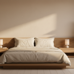 Minimalist Feng Shui bedroom with wooden headboard against a solid sand colored wall, low platform bed with soft linen bed…