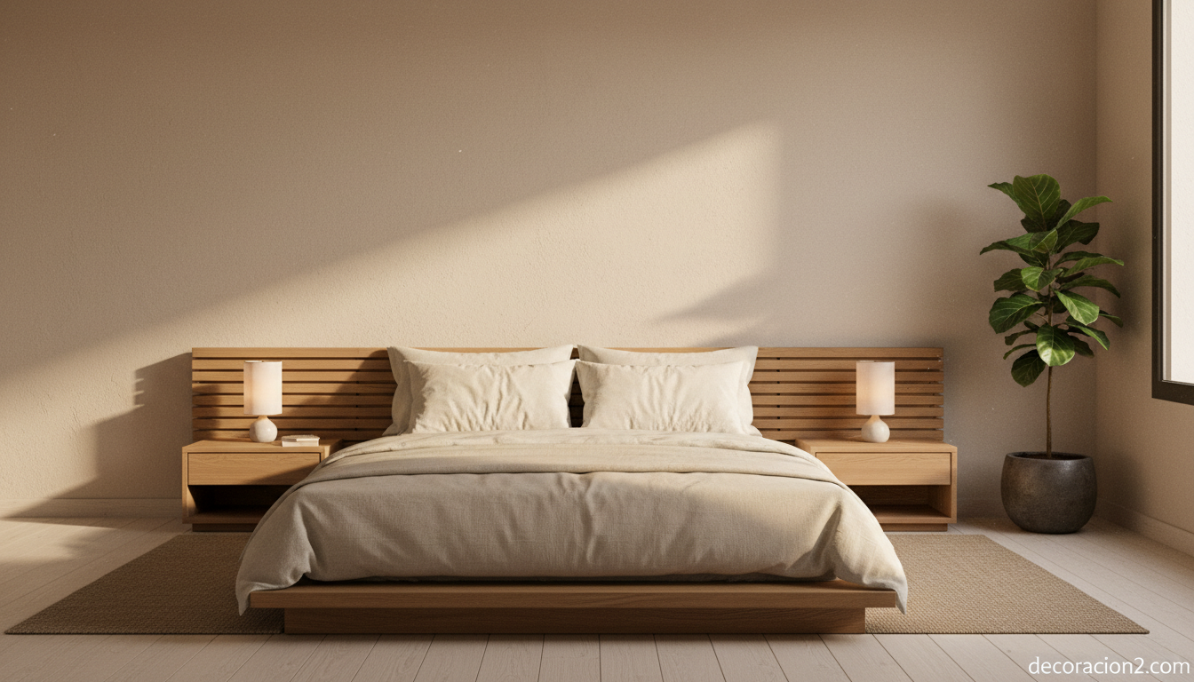 Dormitorio Feng Shui con cabecero en pared sólida y orientación norte-sur