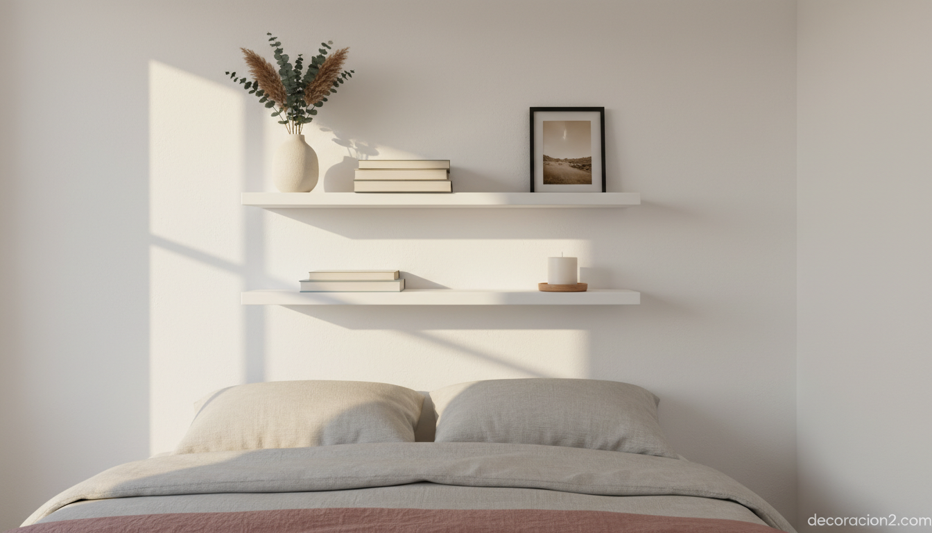 Baldas flotantes minimalistas sobre cabecero de cama con libros y plantas