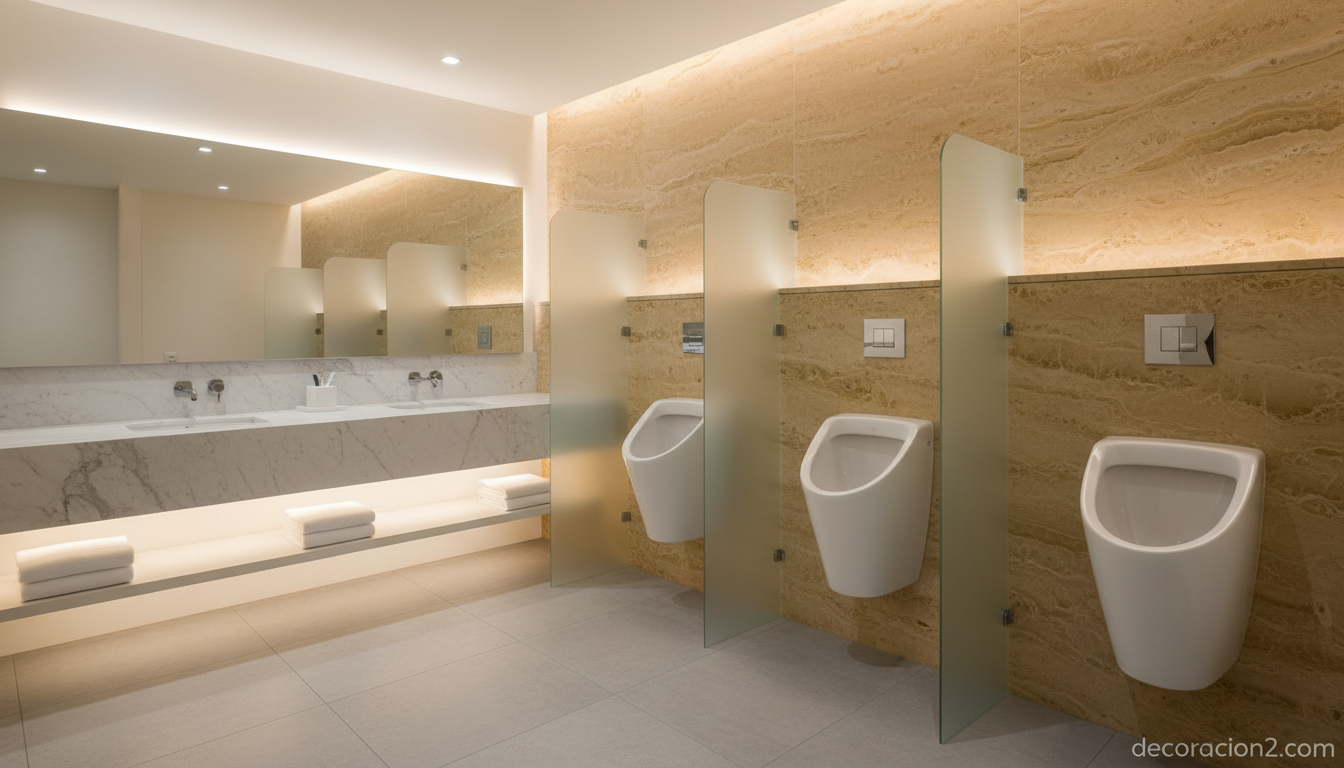 Urinarios minimalistas blancos en baño de hotel boutique