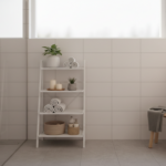 Minimalist Scandinavian bathroom interior with a white metal folding shelf unit next to the shower,