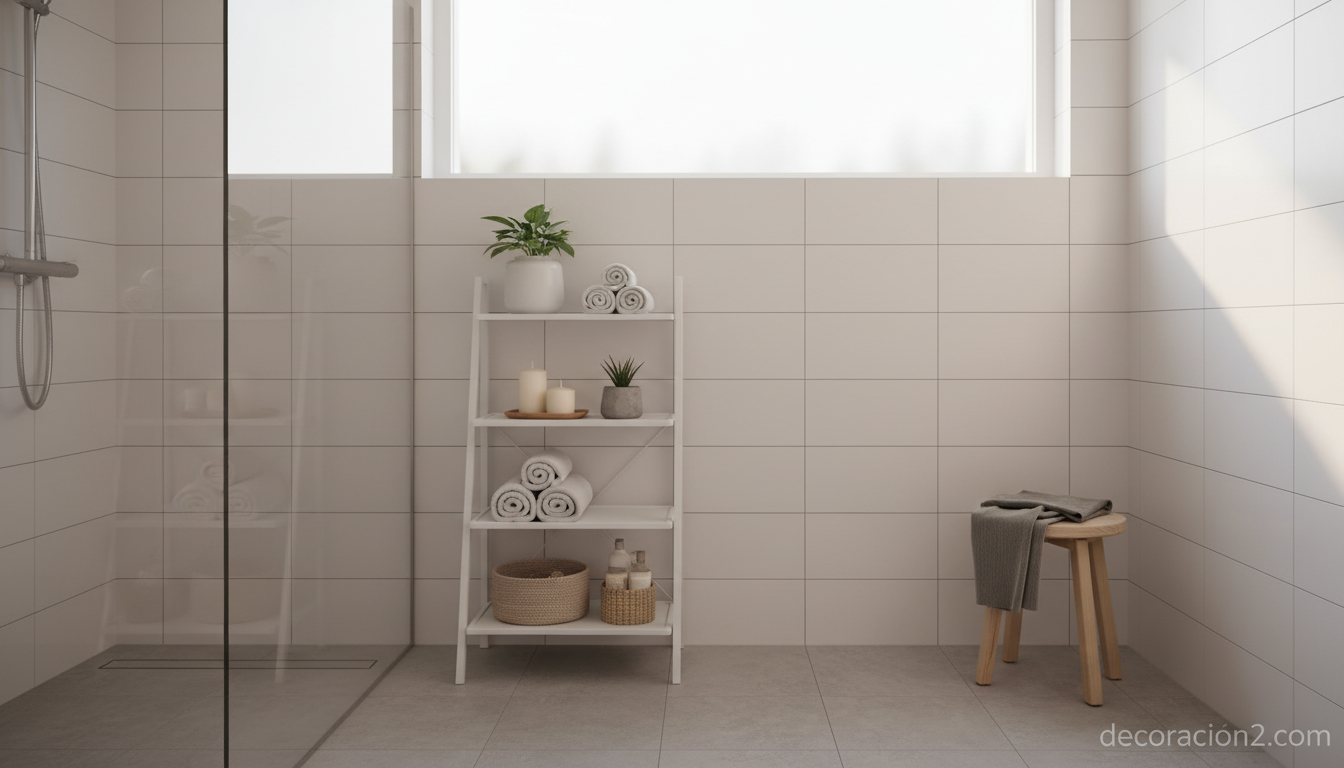 Estantería plegable metálica en baño minimalista con toallas y plantas