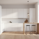 Minimalist small loft kitchen in L-shape distribution, total white lacquered cabinets without handle