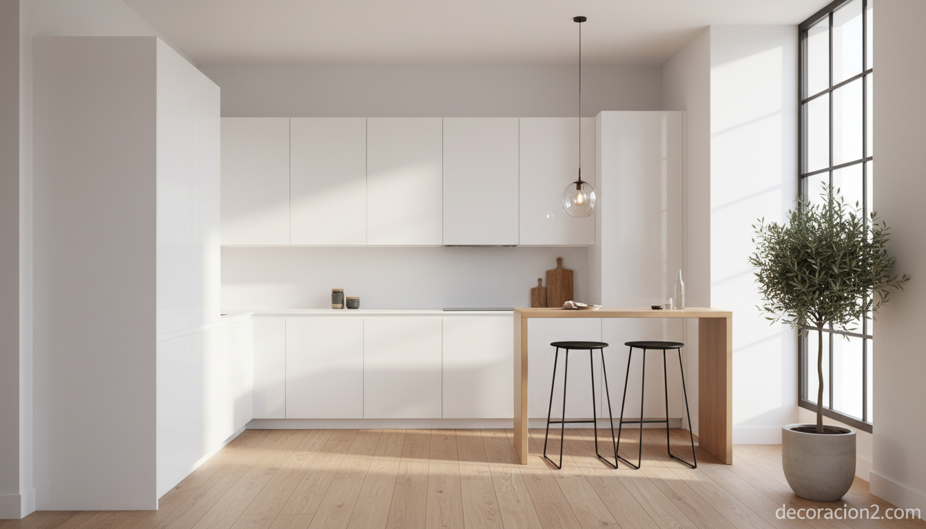 Cocina loft pequeña en L con barra de desayuno y acabados claros