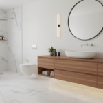 Modern bathroom with elegant wooden vanity unit and integrated ceramic sink, walnut wood finish, sof