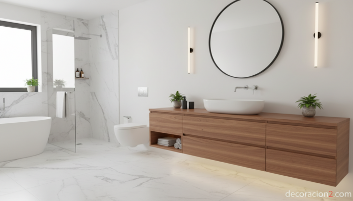 Mueble de baño moderno de madera con lavabo integrado en cerámica