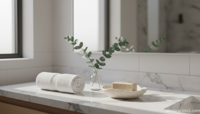 Jabonera de cerámica con pastilla de jabón artesanal en baño moderno