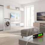Modern bright home interior with visible household appliances (fridge, washing machine, television)