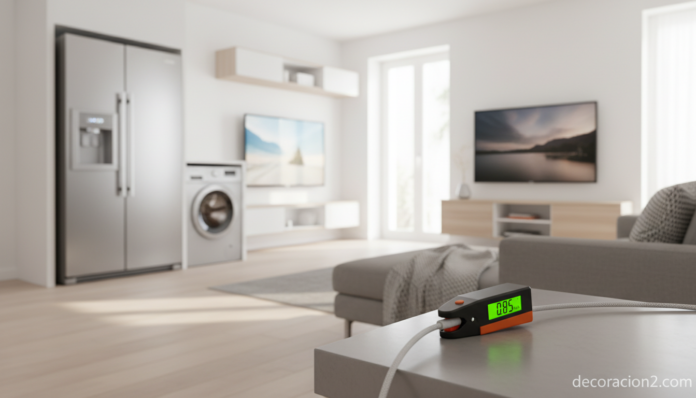 Medidor de consumo eléctrico tipo clip enganchado a un cable de electrodoméstico en hogar moderno