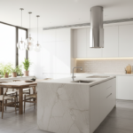 Modern bright Spanish kitchen interior with large window letting in natural daylight, white cabinets