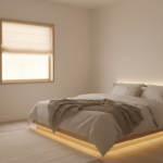 Modern cozy bedroom with a glowing luminous fake window installed on a bare wall, electroluminescent
