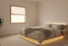 Ventana falsa para habitación: guía completa de persianas luminosas e ideas decorativas Ventana falsa luminosa en un dormitorio moderno con persiana electroluminiscente