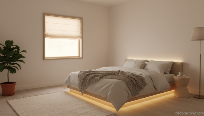 Ventana falsa luminosa en un dormitorio moderno con persiana electroluminiscente