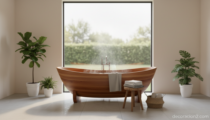 Bañera con forma de barca en madera de roble y cedro rojo en un baño moderno