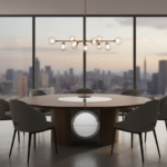 Modern elegant dining room with a round designer dining table featuring an integrated central refrig