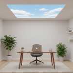 Modern home office in a windowless interior room featuring a large illuminated skylight LED panel in
