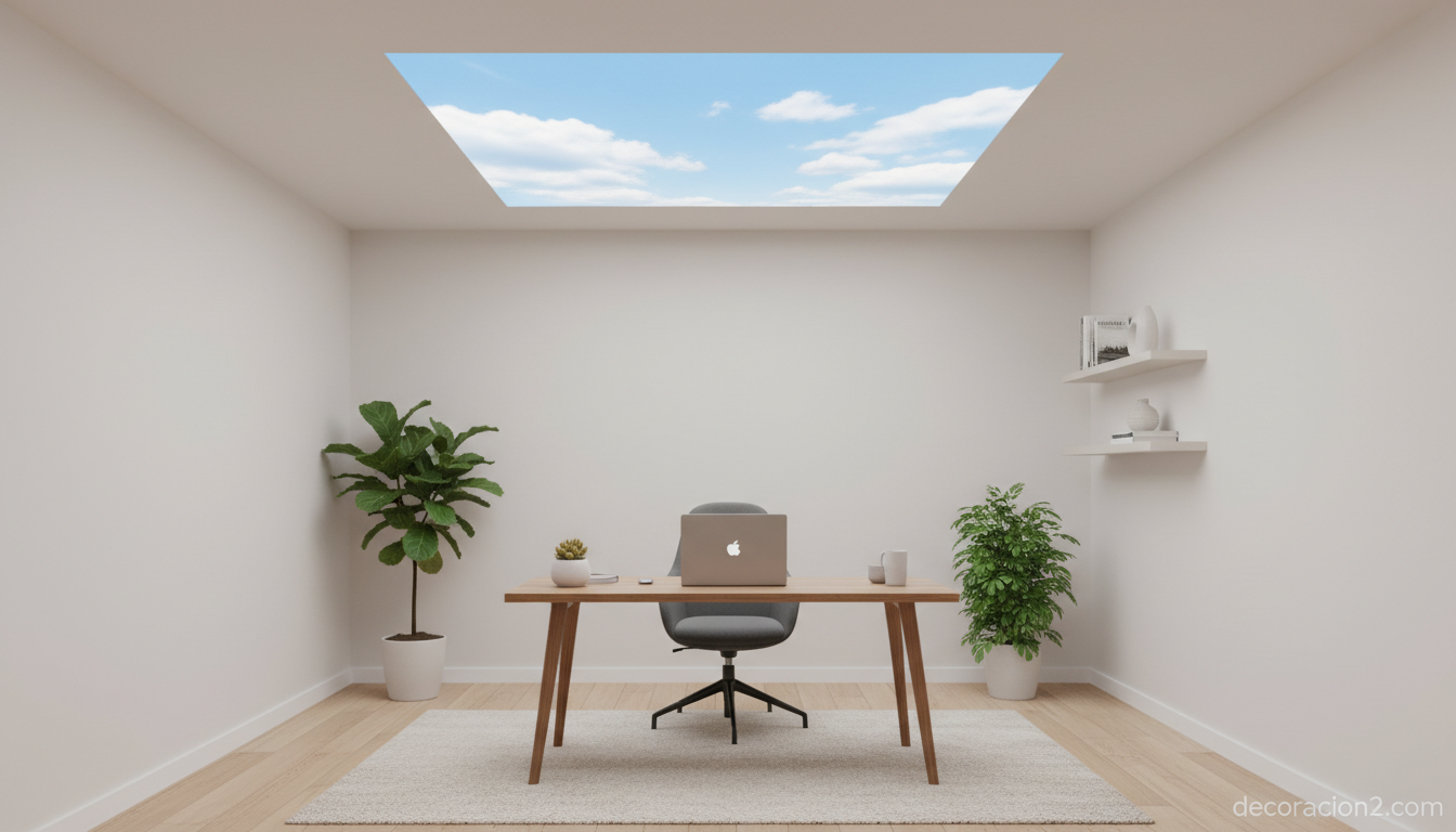 Despacho interior con skylight LED en el techo simulando cielo azul