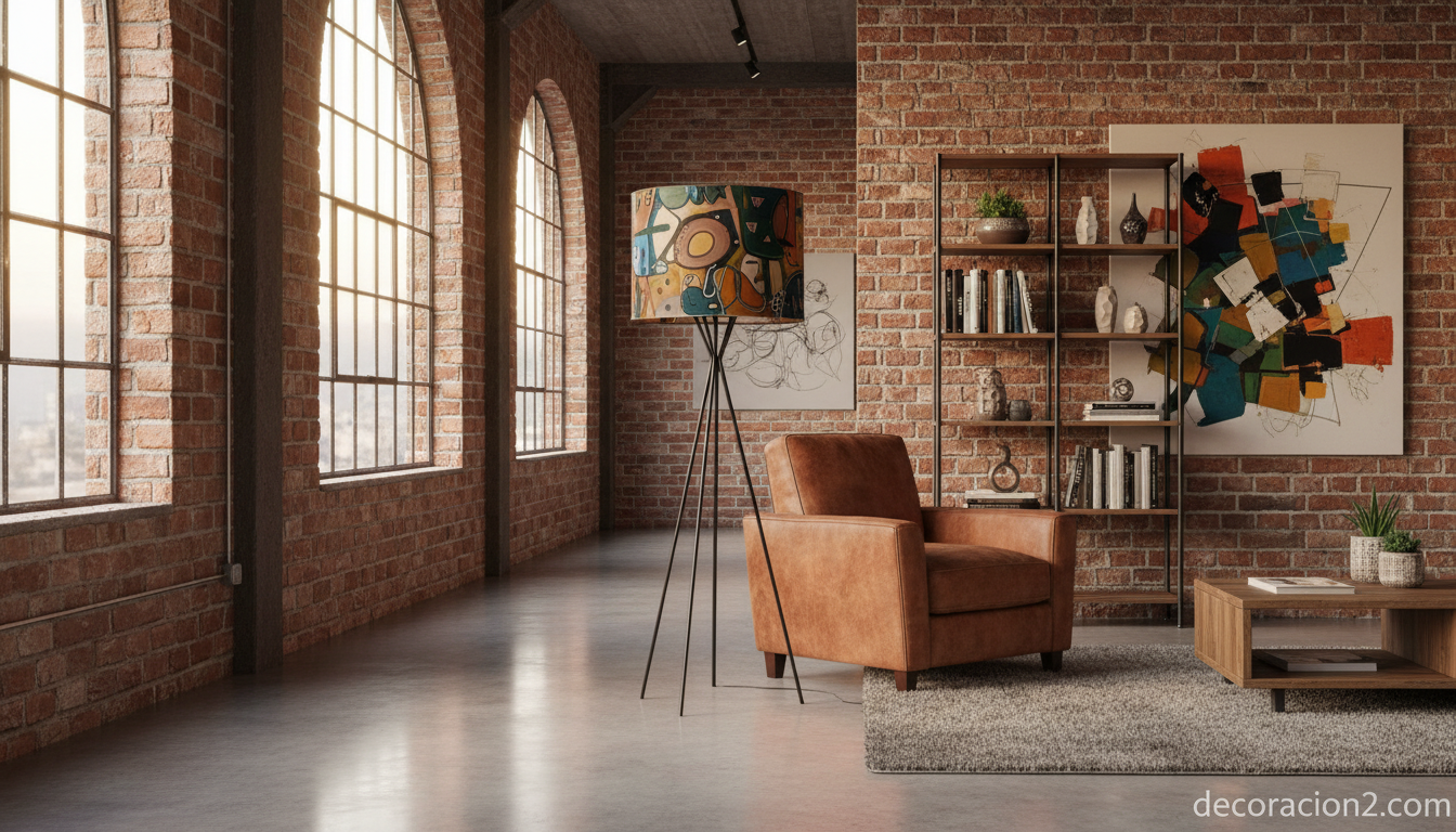 Lámpara original para salón en estilo industrial con ladrillo visto