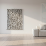 Modern interior design photograph of a sculptural wall radiator with ornamental floral relief patter