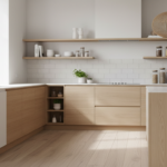 Modern kitchen interior with functional and decorative cabinets under the countertop, natural light,