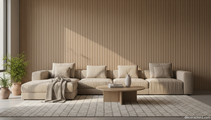 Salón moderno con pared tridimensional de madera estriada detrás del sofá