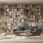 Modern living room with a beautiful wall-mounted bookshelf system filled with books, decorative obje