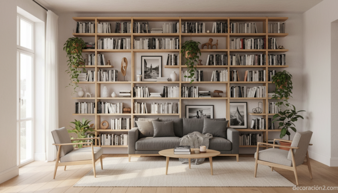 Estanterías decorativas de pared en salón de estilo nórdico con libros y plantas