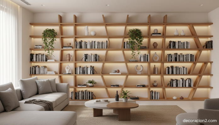 Estantería modular Logia en salón contemporáneo con libros y objetos decorativos