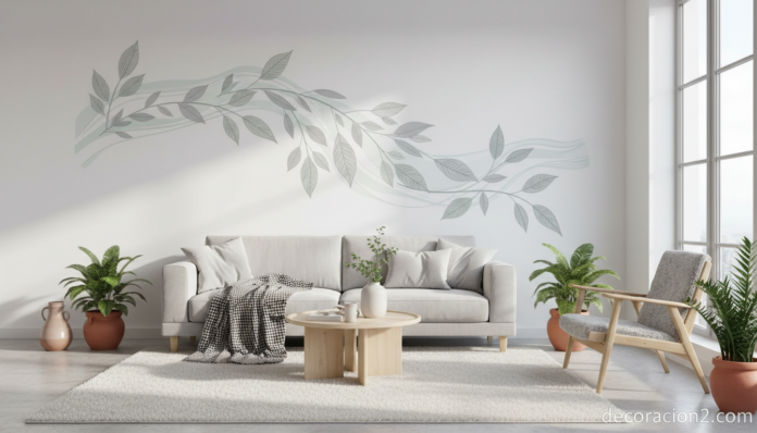 Vinilo decorativo de hojas botánicas en un salón moderno de estilo nórdico