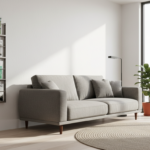 Modern living room with an elegant wall-mounted magazine rack made of brushed steel with five shelve