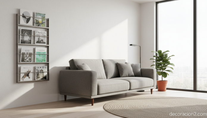 Revistero de pared moderno en salón con acero cepillado