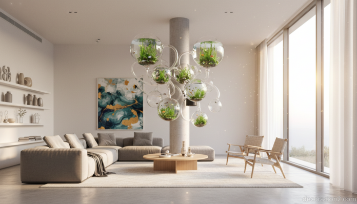 Pecera de diseño Silverfish en salón moderno