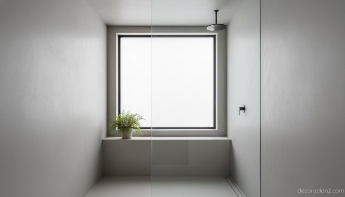 Ducha minimalista moderna con paredes de microcemento y mampara de vidrio fijo