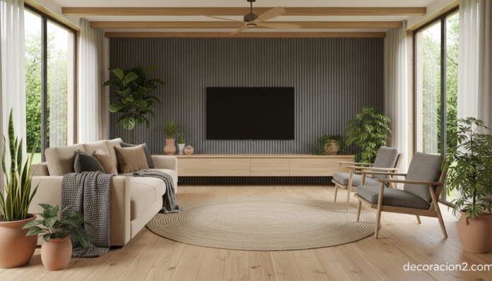 Salón moderno con televisor ecológico montado en pared de madera