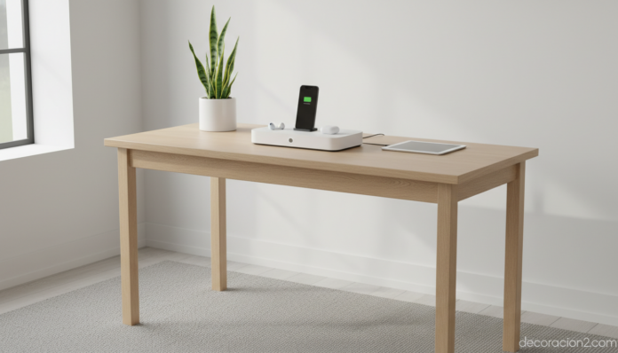 Cargador universal multidispositivo sobre escritorio minimalista de madera clara