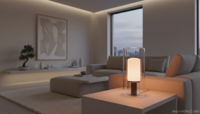 Lámparas minimalistas en salón contemporáneo con luz cálida
